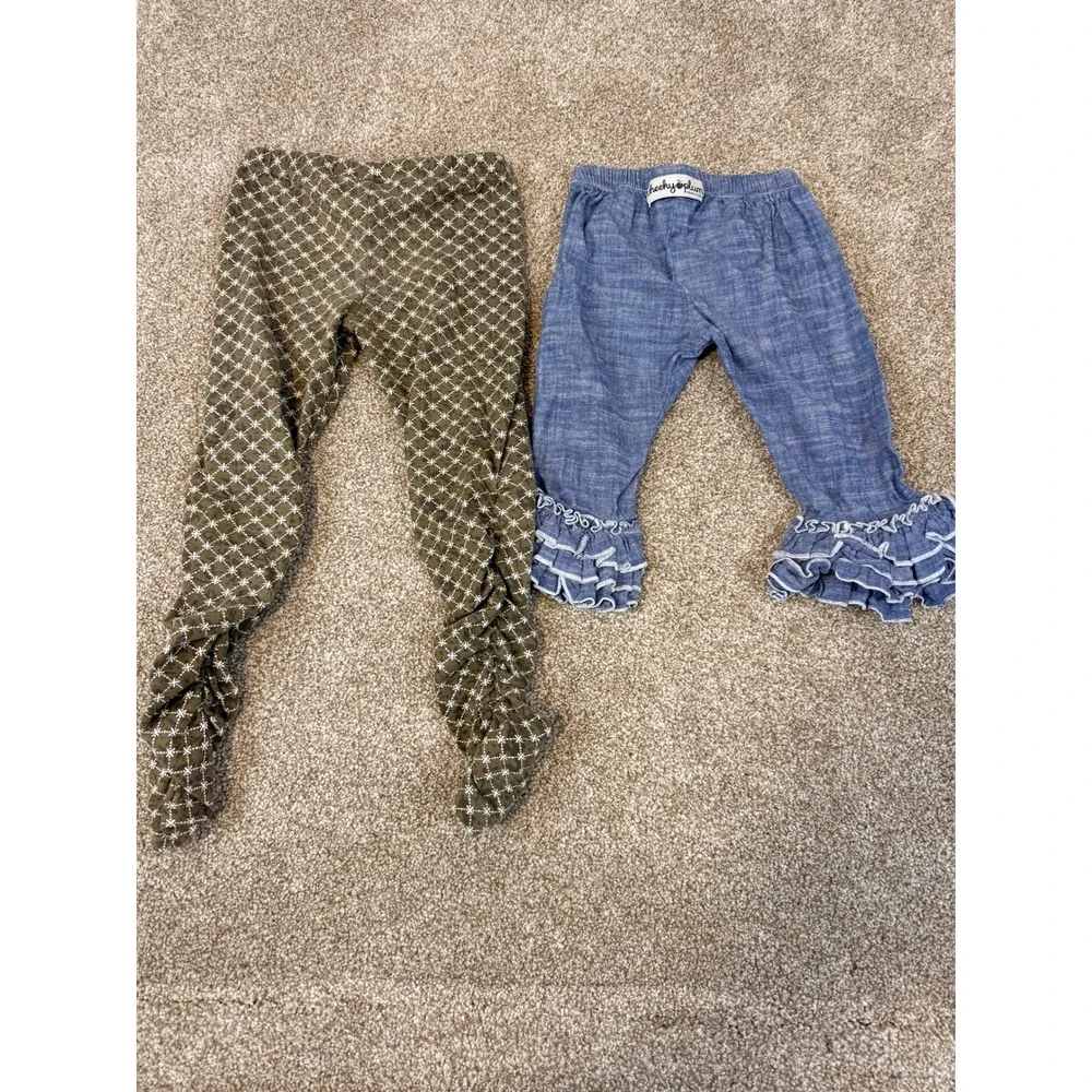 LOT Girls 3T Leggings Mustard Pie Ruched Cheeky Plum Ruffle Capris Olive Blue